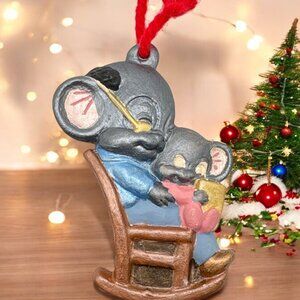 Vintage Grandpa Mouse & Baby Christmas Tree Ornament Reading Rocking Chair